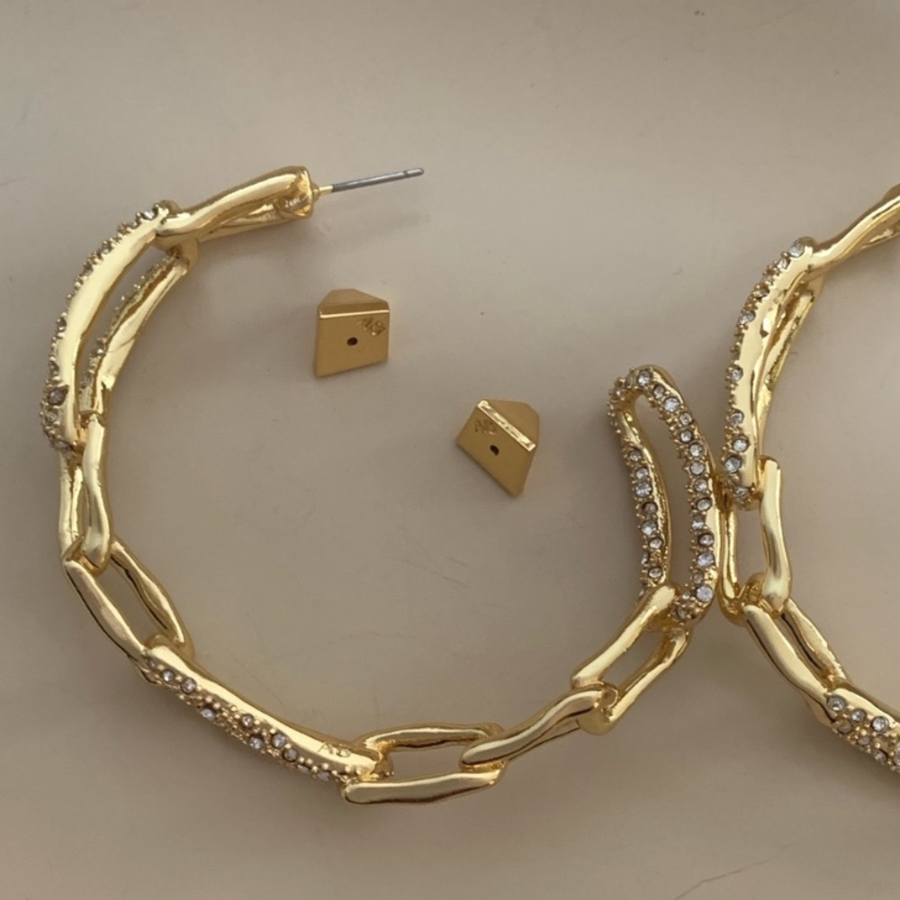 Alexis Bittar XL Golden Crystal Encrusted Textured Chain Link Hoop Post Earrings - Picture 12 of 16